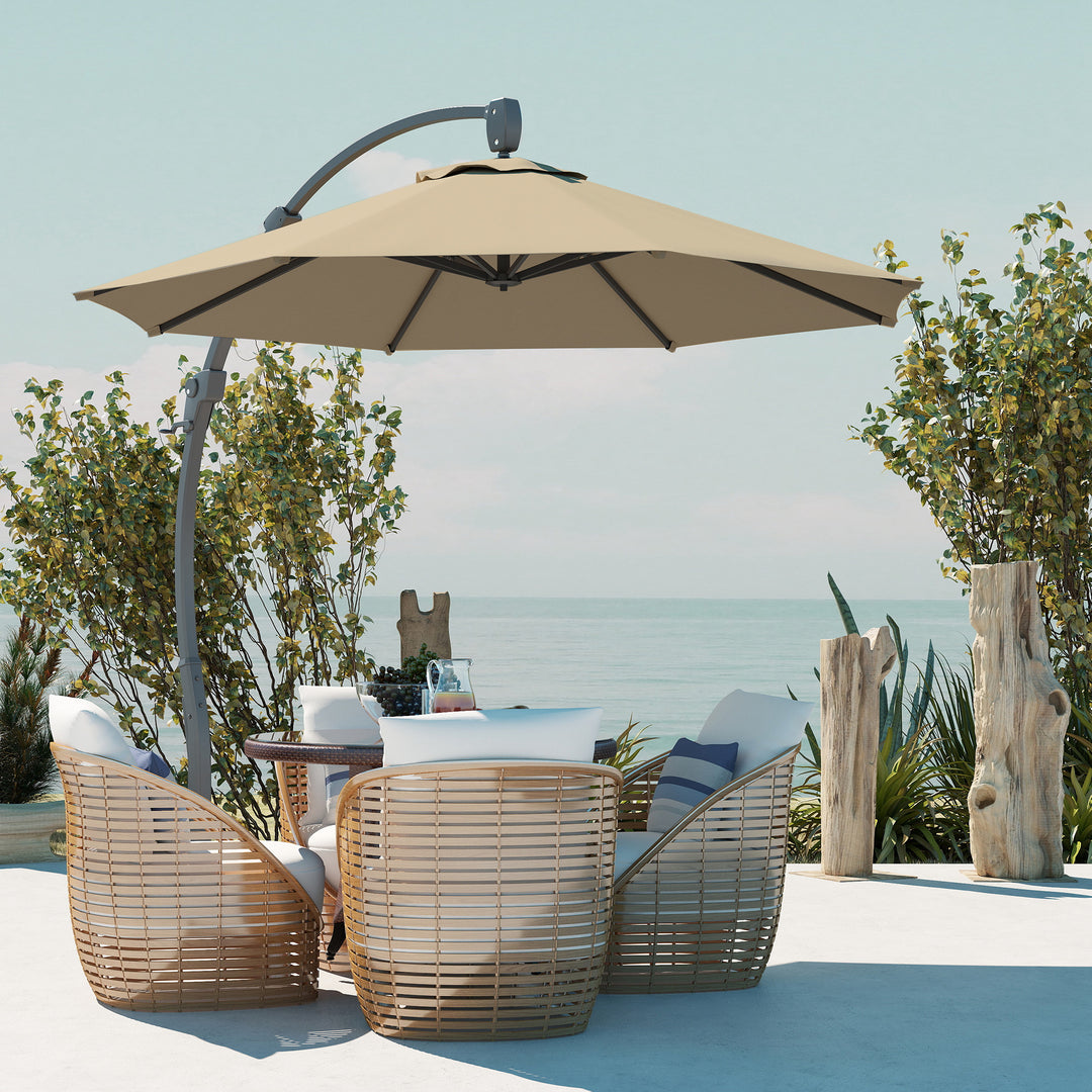 3(m) Garden Cantilever Parasol, Round Overhanging Umbrella with Crank Handle, Cross Base, Aluminium Frame and 360° Rotation, Banana Patio Umbrella for Outdoor Sun Shade, Khaki