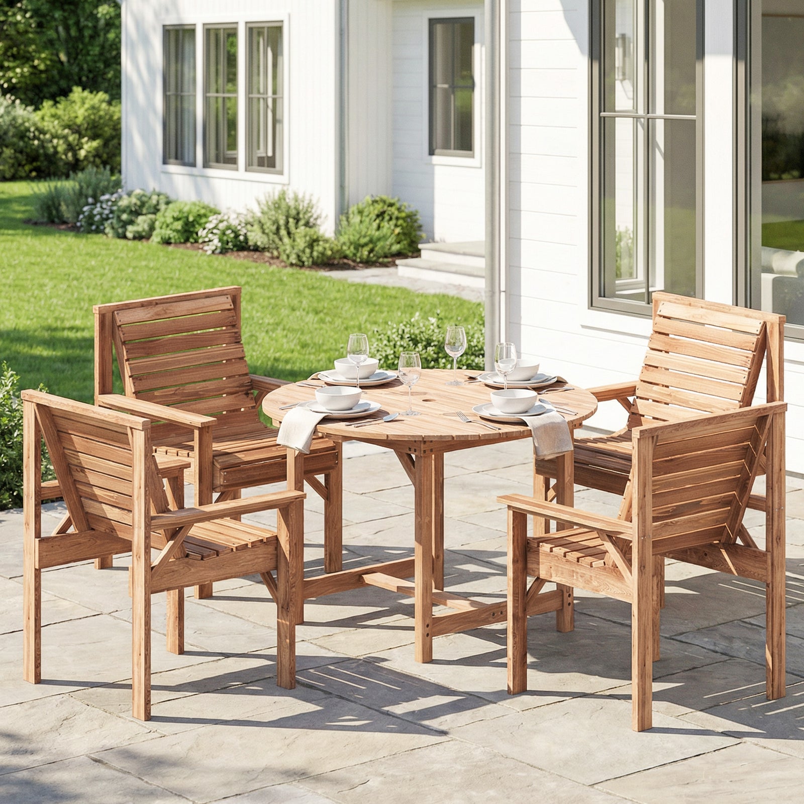 5 Pieces Garden Dining Set with Parasol Hole, Round Outdoor Table and 