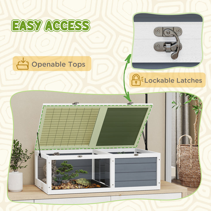 Tortoise Table with Adjustable Lamp Holder, Wooden Tortoise House w/ Openable Lids, Pull-Out Trays - Grey
