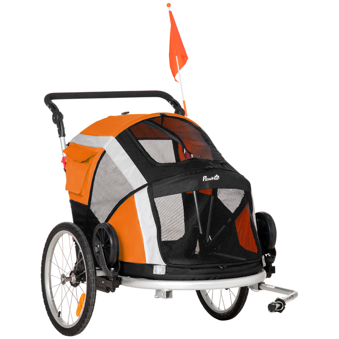 MCL Dog Bike Trailer 2-in-1 Pet Stroller for Large Dogs Cart Foldable Bicycle Carrier Aluminium Frame with Safety Leash Hitch Coupler Reflector Flag Orange