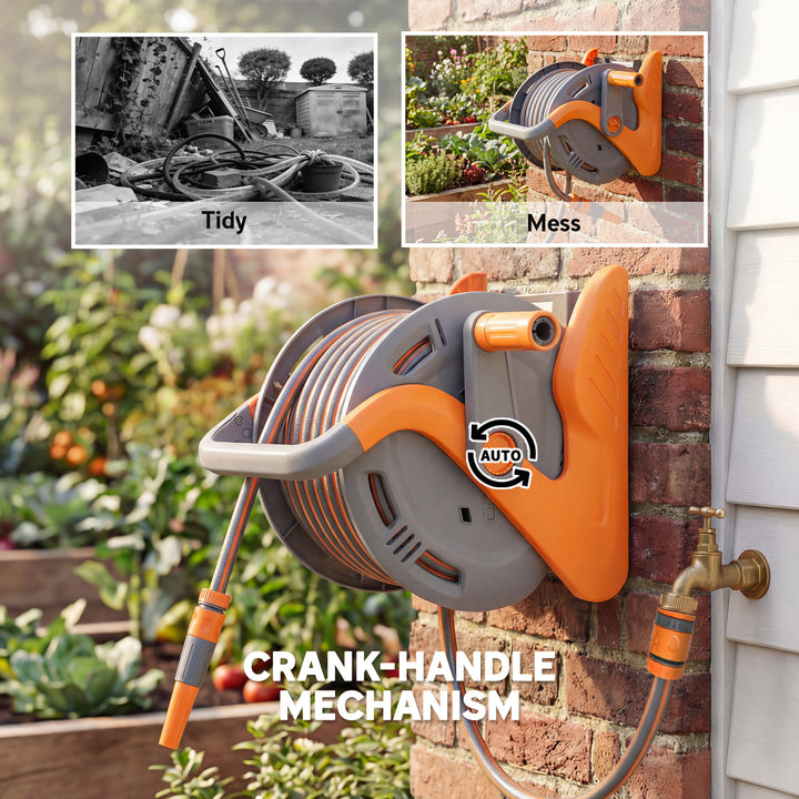 Portable Garden Hose Reel, 20+2 m Wall Mounted Hose Reel with 2 Patter