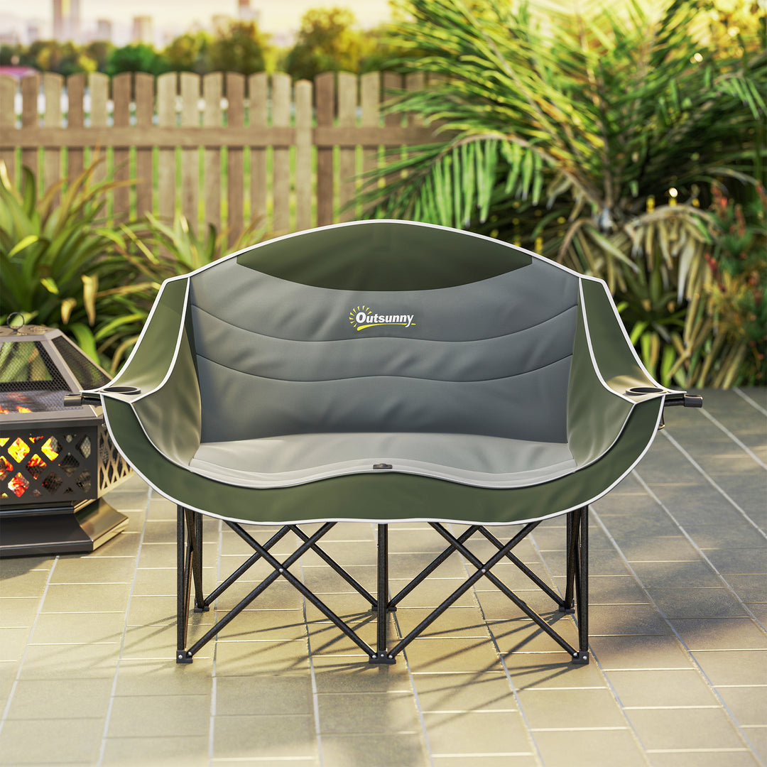 Double Camping Chair for Adults, Oversized Heavy Duty Padded Folding Chair with Armrests, Cup Holders and Carry Bag for Outdoor Camping Hiking Picnic Fishing, 250kg Capacity, Green