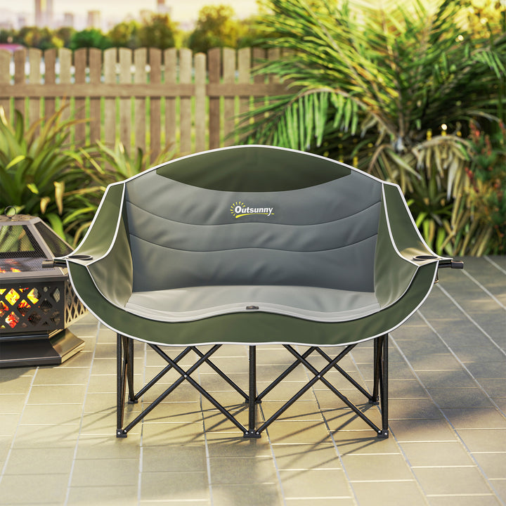 Double Camping Chair for Adults, Oversized Heavy Duty Padded Folding Chair with Armrests, Cup Holders and Carry Bag for Outdoor Camping Hiking Picnic Fishing, 250kg Capacity, Green