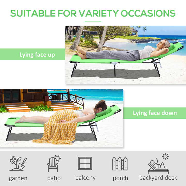 Outdoor Folding Sun Lounger with Face Hole, 4 Level Adjustable Backrest Reclining Garden Lounger, Garden Recliner Sunbed with 600 D Oxford Cloth Seat and Pillow for Beach, Green