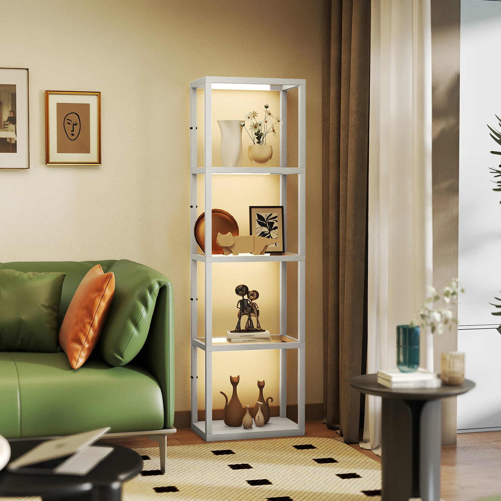 LED Floor Lamp with Glass Shelves, 4 Layers Dimmable Tall Standing Lamp, Modern Column Shelf Floor Light for Living Room, Bedroom, Office, Grey