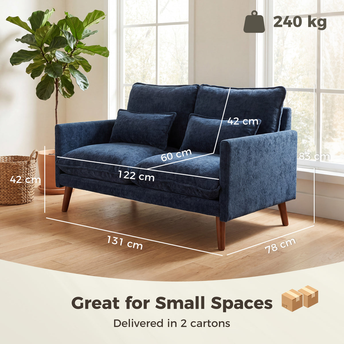 2 Seater Sofa, Loveseat Sofa with Spring Cushions, Wide and Deep Seat,