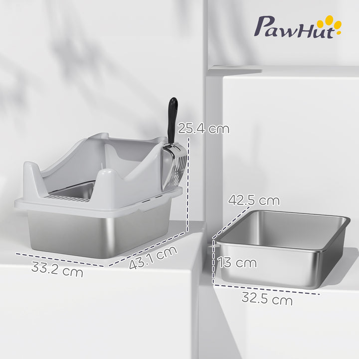 Stainless Steel Cat Litter Box with High Sides, Metal Scoop, 43 x 33 x 25 cm