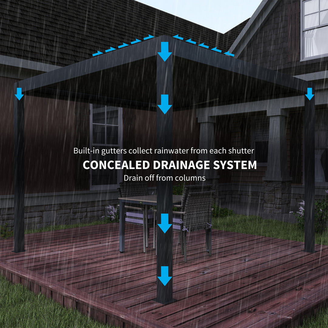 3 x 3(m) Electric Louvered Pergola with LED Lights, Aluminium Pergola Hardtop Gazebo with Remote, Adjustable Roof and Drainage System, Water and UV Proof