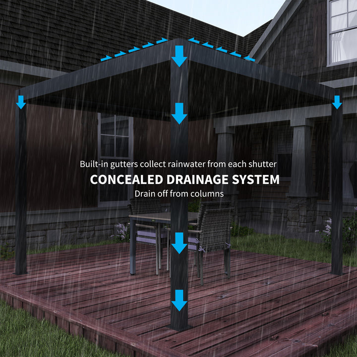 3 x 3(m) Electric Louvered Pergola with LED Lights, Aluminium Pergola Hardtop Gazebo with Remote, Adjustable Roof and Drainage System, Water and UV Proof