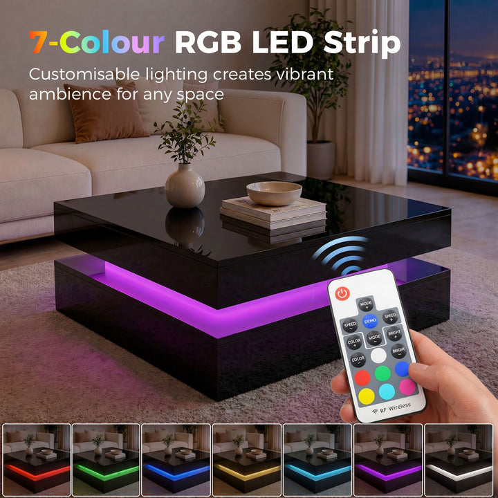 LED Coffee Table with Storage, 2-Tier Modern Centre Table with Open Sh
