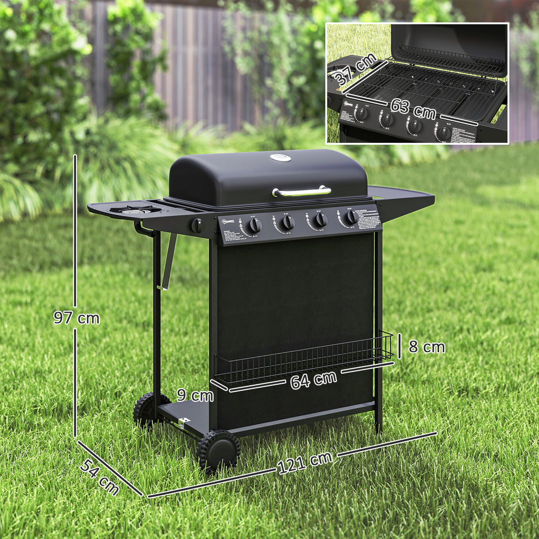 4+1 Burner Gas BBQ Grill, Portable Gas Barbecue Grill with Built-in Thermometer, Lid, Side Table, Shelf, Spice Rack, Wheels, Grease Cup for Garden Party Outdoor Cooking, Black