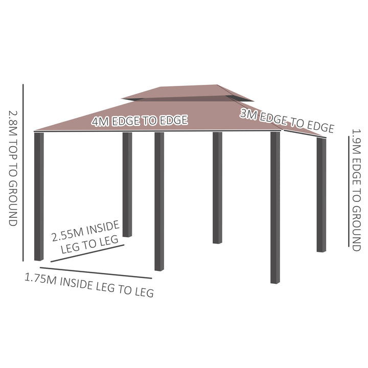 Outsunny 4m x 3(m) Metal Gazebo Canopy Party Tent Garden Pavillion Patio Shelter Pavilion with Curtains Sidewalls Brown