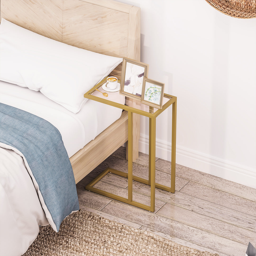 C-Shaped Side Table, Modern Slim End Table with Tempered Glass Tabletop, Steel Frame for Small Space, Living Room, Bedroom, Gold Tone