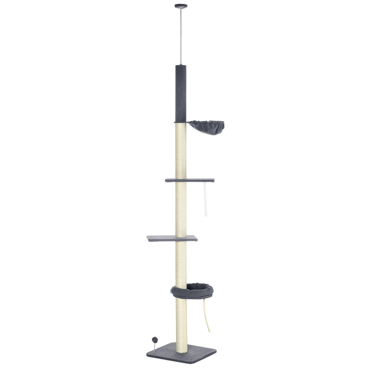 240-270cm Floor-To-Ceiling Cat Tree, 5 Tier Cat Climbing Tower, with Bed, Hammock, Platforms, Dark Grey and Cream