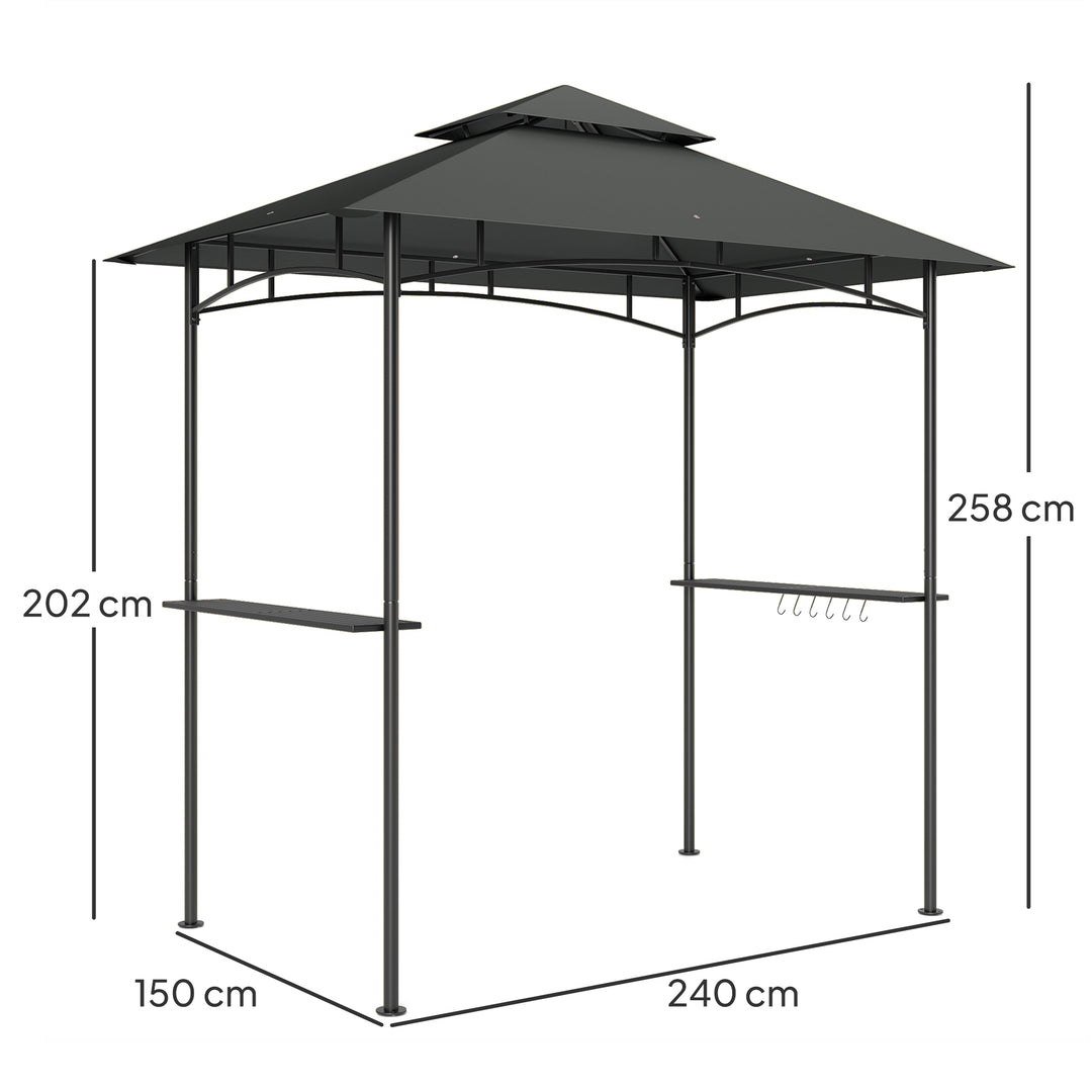 8' x 5' Grill Gazebo, Double Tiered BBQ Gazebo Shelter Canopy with LED Lights, 2 Side Shelves, Hooks, Dark Grey