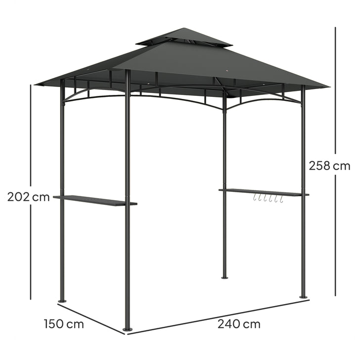8' x 5' Grill Gazebo, Double Tiered BBQ Gazebo Shelter Canopy with LED Lights, 2 Side Shelves, Hooks, Dark Grey