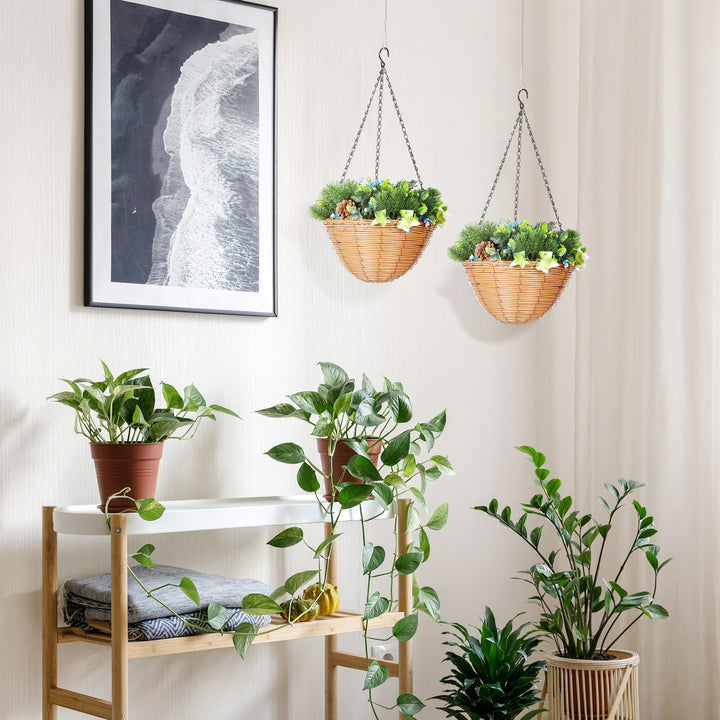 Artificial Flowers in Basket Set of 2, Artificial Hanging Baskets with PE Leaves, 18 Flowers and 3 Pinecones in Pot, Decorative Faux Plant for Home Office Decor, Green