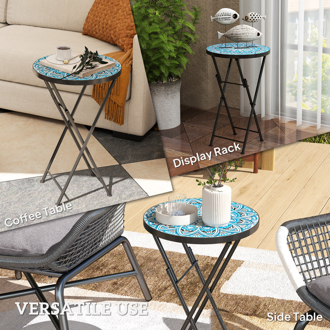Mosaic Outdoor Garden Table, 35.5cm Round Folding Coffee Table with Metal Frame for Balcony Terrace, Blue