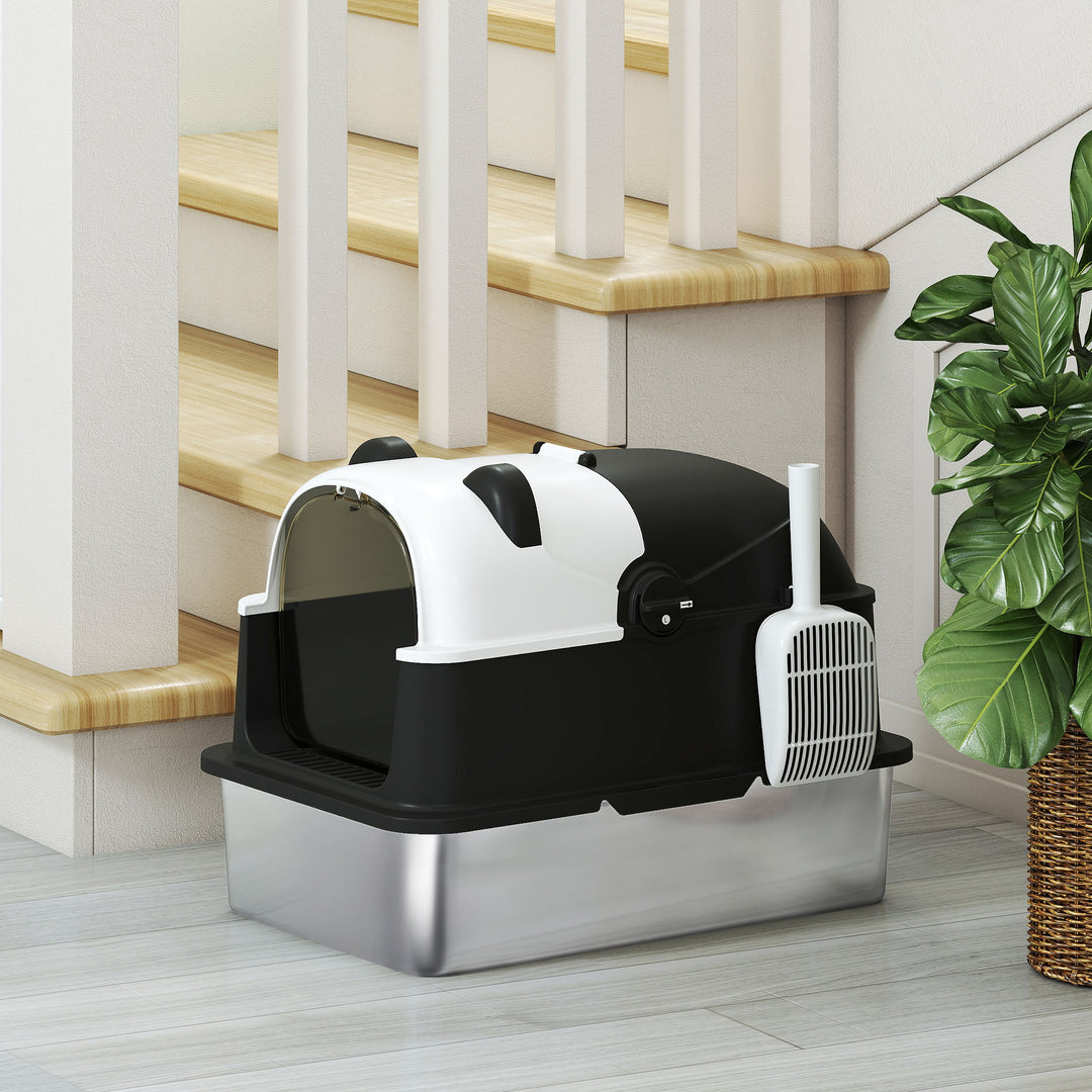 Panda Style XL Stainless Steel Cat Litter Box with Lid, Enclosed Kitty Litter Box with Scoop, 60 x 40 x 45 cm