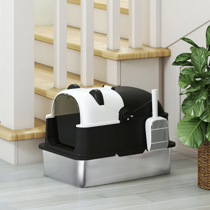Panda Style XL Stainless Steel Cat Litter Box with Lid, Enclosed Kitty Litter Box with Scoop, 60 x 40 x 45 cm