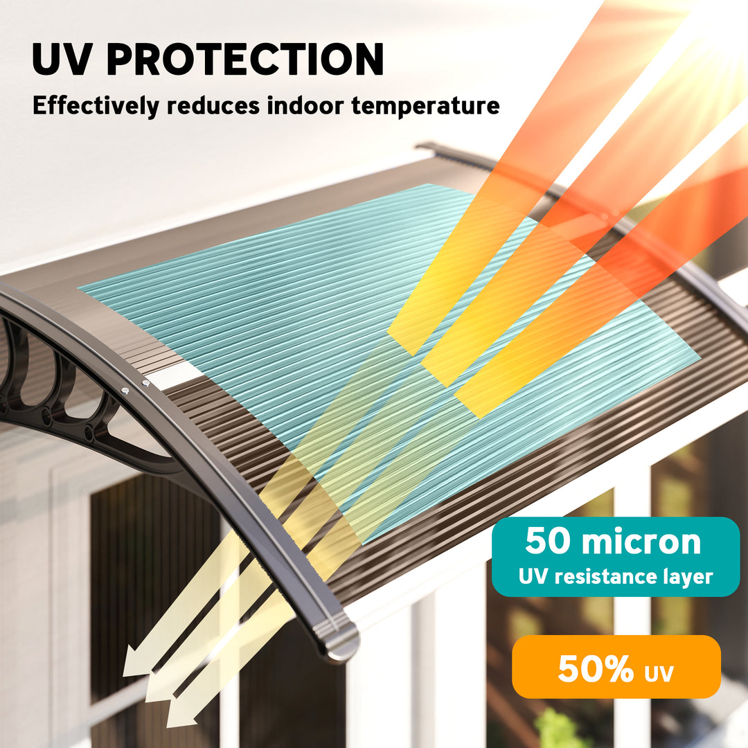Front Door Canopy Outdoor Awning Aluminium Rigid Plastic Polycarbonate Rain Shelter UV Water Rain Resistant 100 x 75cm Brown