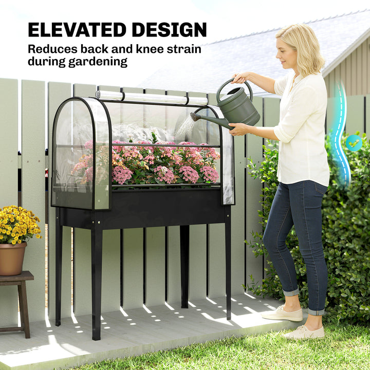 Raised Planter with Flip-Up Greenhouse Cover, Metal Raised Garden Bed 