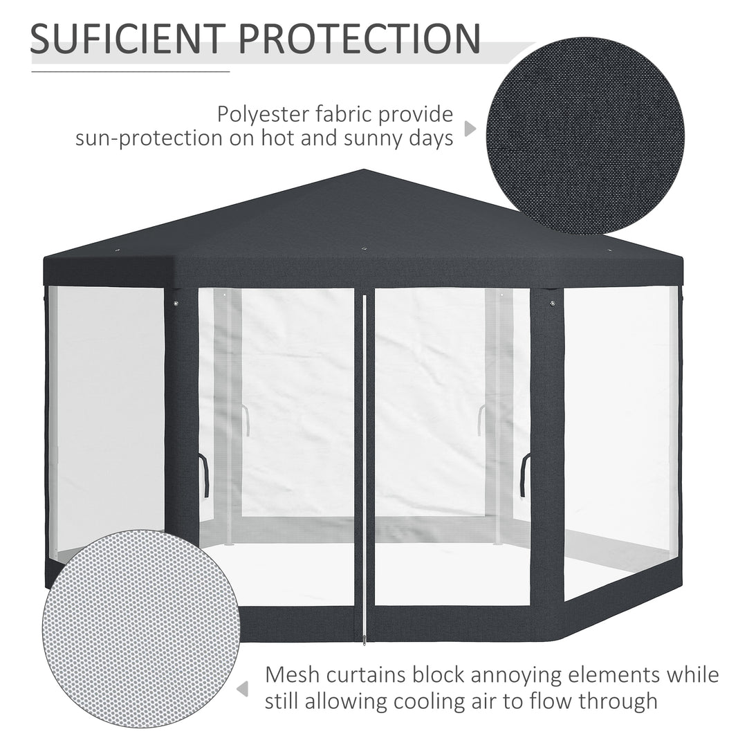 4M Hexagon Gazebo, Netting Party Tent, Patio Canopy Outdoor Event Shelter for Activities, Shade Resistant, Dark Grey
