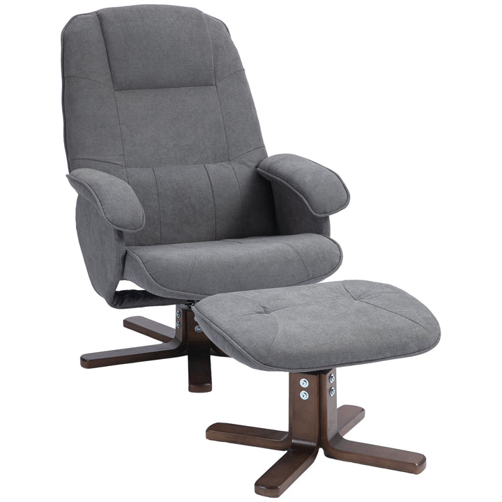 Linen Swivel Recliner Chair with Footstool, Upholstered Reclining Armchair with Wooden Base for Living Room - Grey