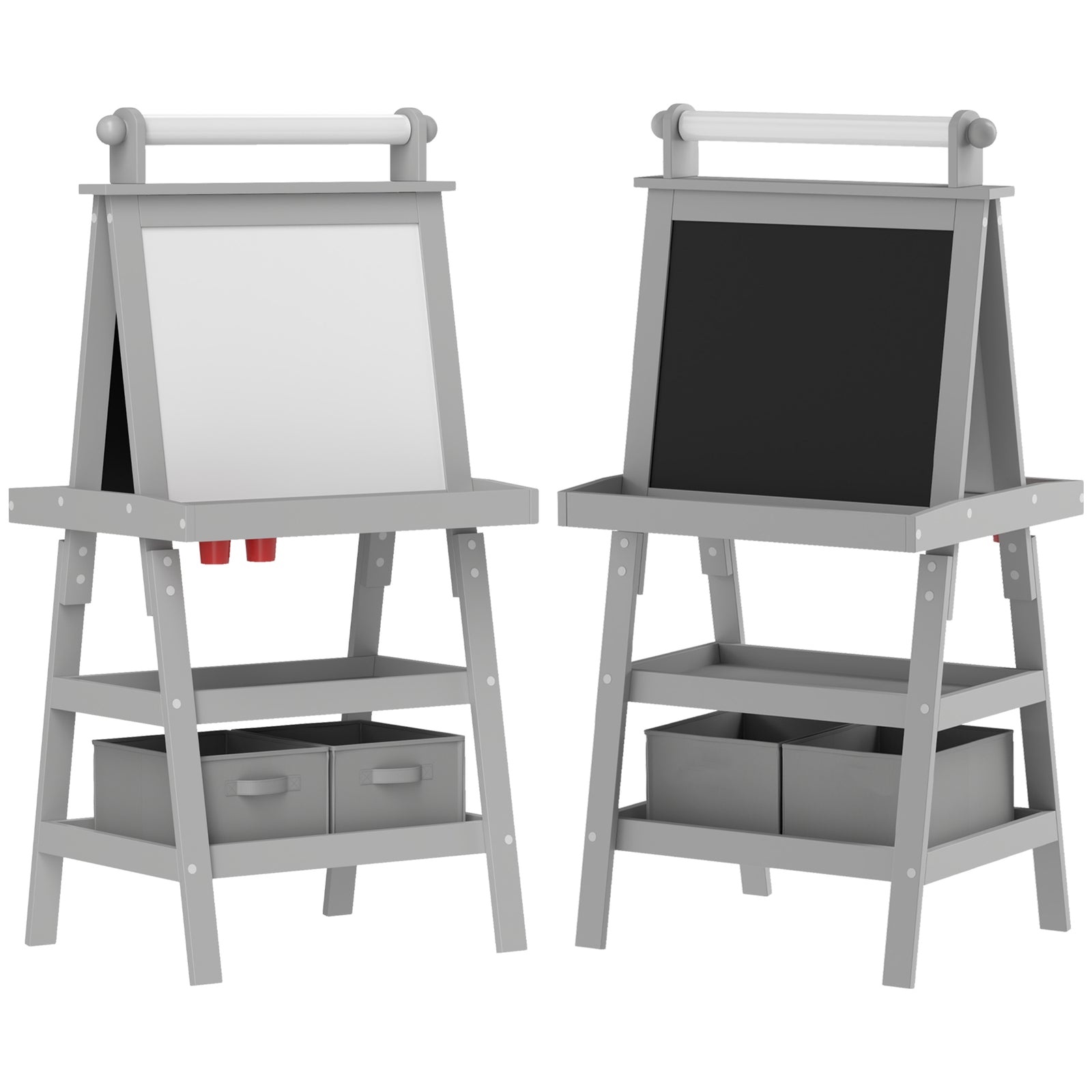 AIYAPLAY 3 in 1 Kids Easel Double-Sided Magnetic Whiteboard and Chalkboard with Paper Roll, Storage Baskets - Grey