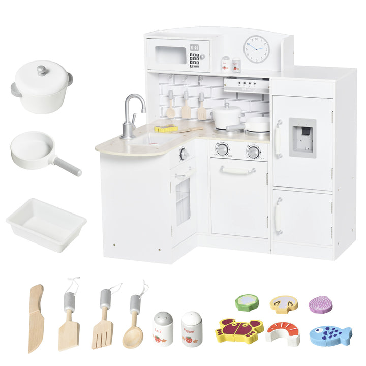 Kids Play Kitchen Wooden Toy Kitchen Cooking Set for Children with Drinking Fountain, Microwave, and Fridge White