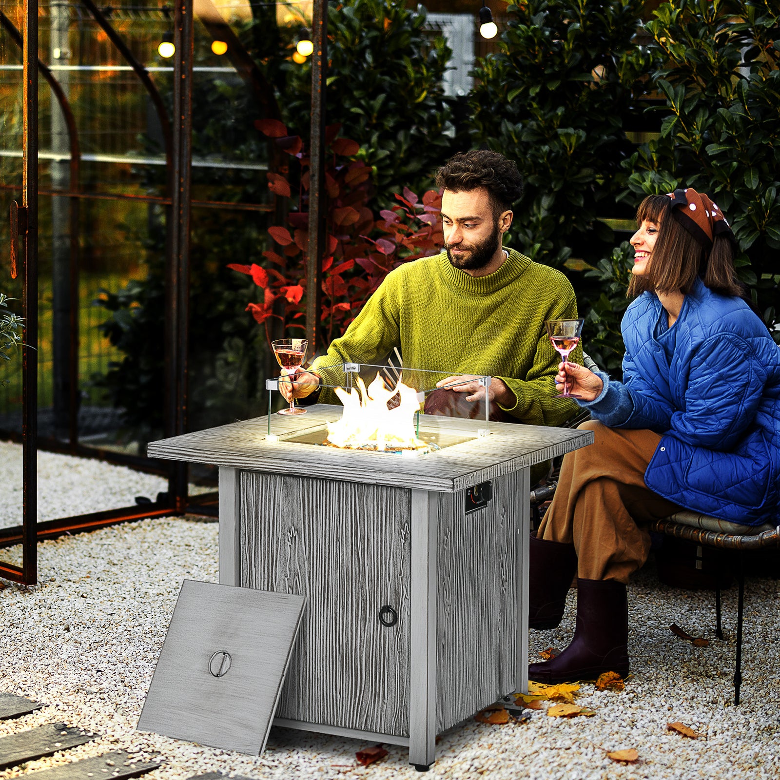 71cm 50,000 BTU Gas Fire Pit Table with Cover and Glass Screen - Grey