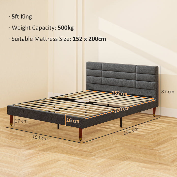 Upholstered King Bed Frame, with Slats - Grey