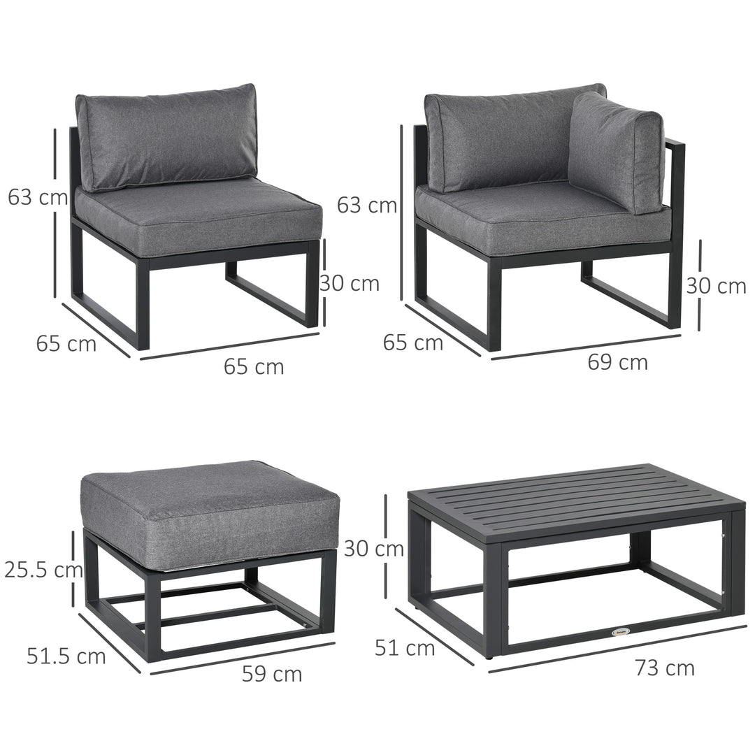 MCL Garden Daybed, 6 Piece Outdoor Sectional Sofa Set, Aluminum Patio Conversation Furniture Set with Coffee Table, Footstool and Cushions, Grey