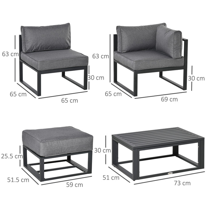 MCL Garden Daybed, 6 Piece Outdoor Sectional Sofa Set, Aluminum Patio Conversation Furniture Set with Coffee Table, Footstool and Cushions, Grey