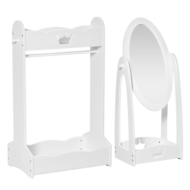 MCL Kids Clothes Rail and Mirror Set 360° Rotation Free Standing Full Length Mirror and Hanging Rack with Storage Shelves Child's Dressing Mirror Garment Wardrobe White