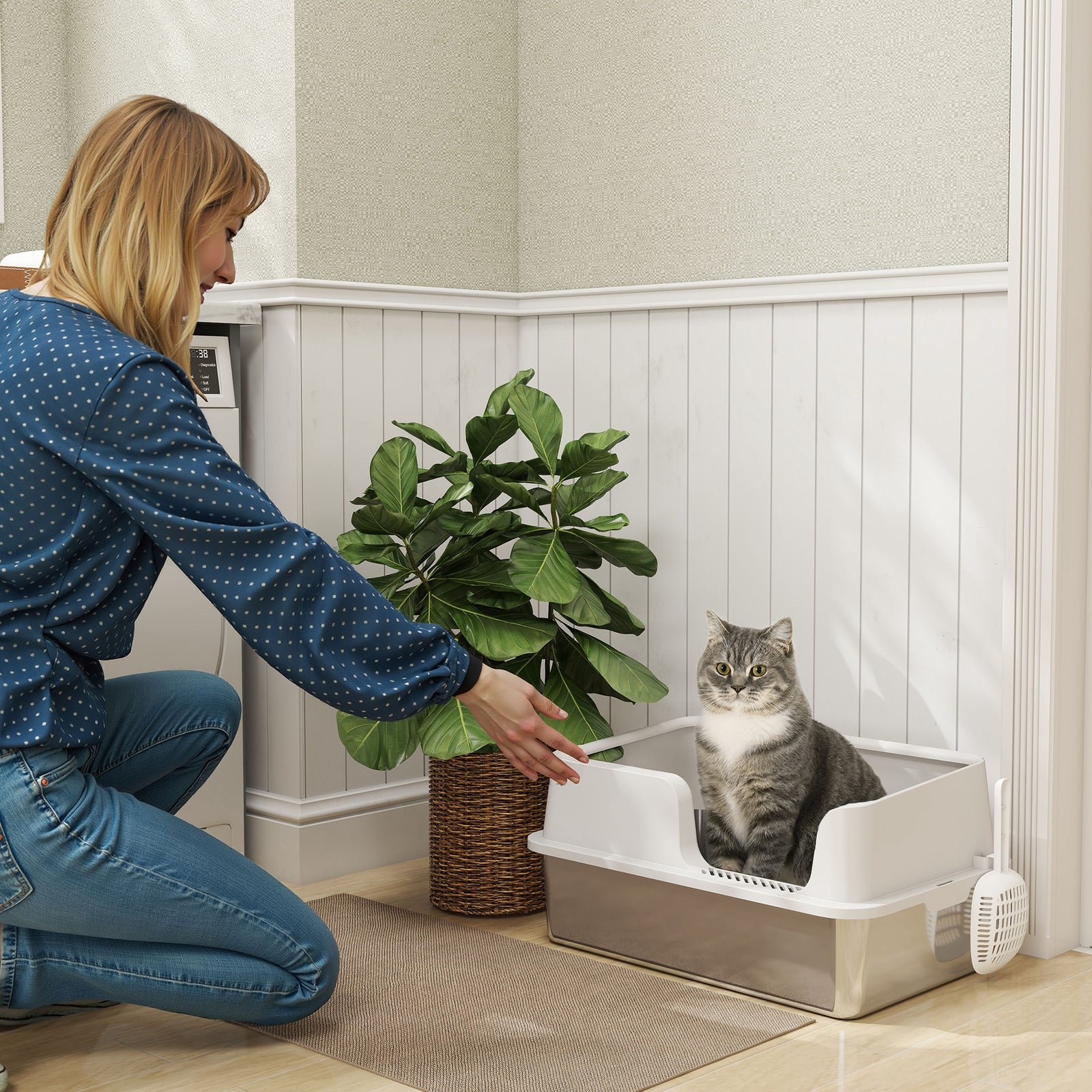 Stainless Steel Litter Box with Detachable Rim, Scoop, Easy Cleaning, Odour-Resistant, 60 x 40 x 28 cm