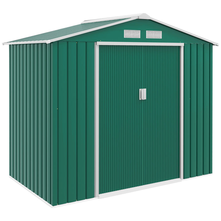 Outsunny 7ft x 4ft Lockable Garden Shed Large Patio Roofed Tool Metal Storage Building Foundation Sheds Box Outdoor Furniture, Green | Aosom UK