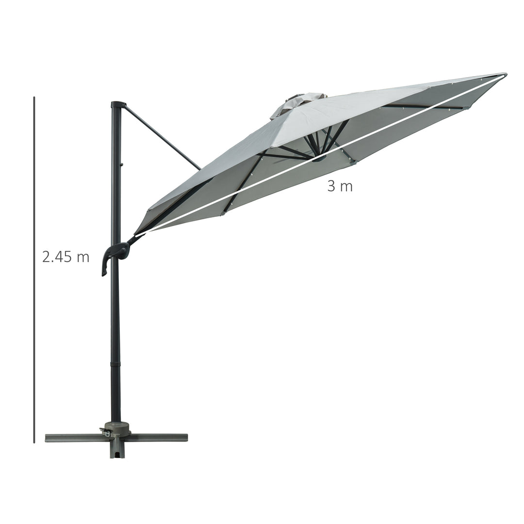 MCL 3(m) LED Cantilever Parasol Garden Sun Umbrella w/ Cross Base and Solar Lights Grey