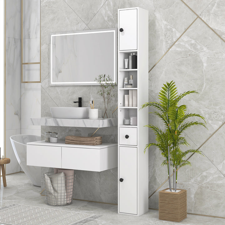 Kleankin 180cm Tall Slim Bathroom Cabinet, Narrow Toilet Roll Storage w/ Open Shelves, 2 Door Cabinets, Adjustable Shelves, for Kitchen, White