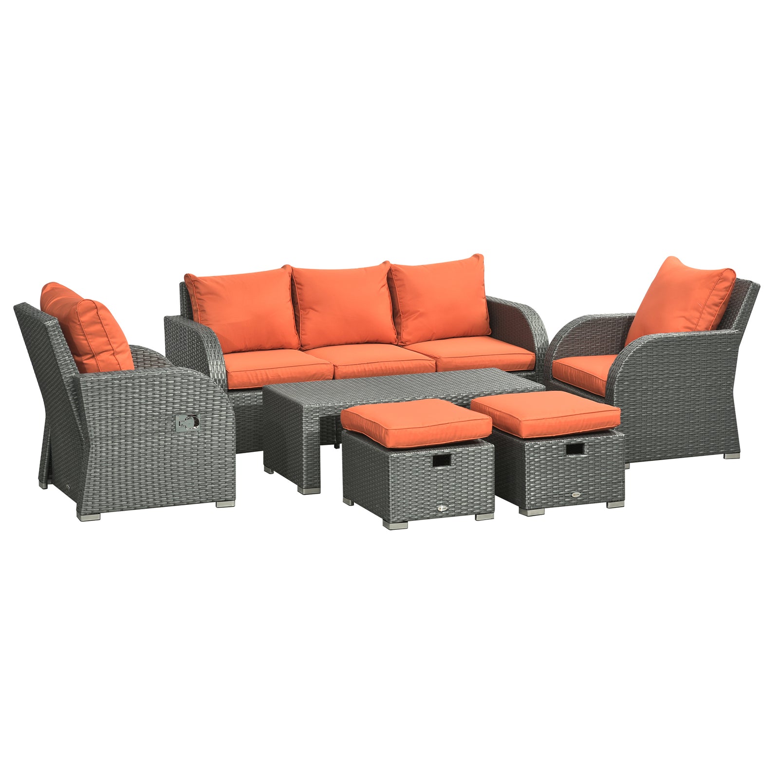 Six-piece Outdoor Rattan Dining Set, Outdoor Sofa Set with Reclining Armchairs and Mental Frame, Orange