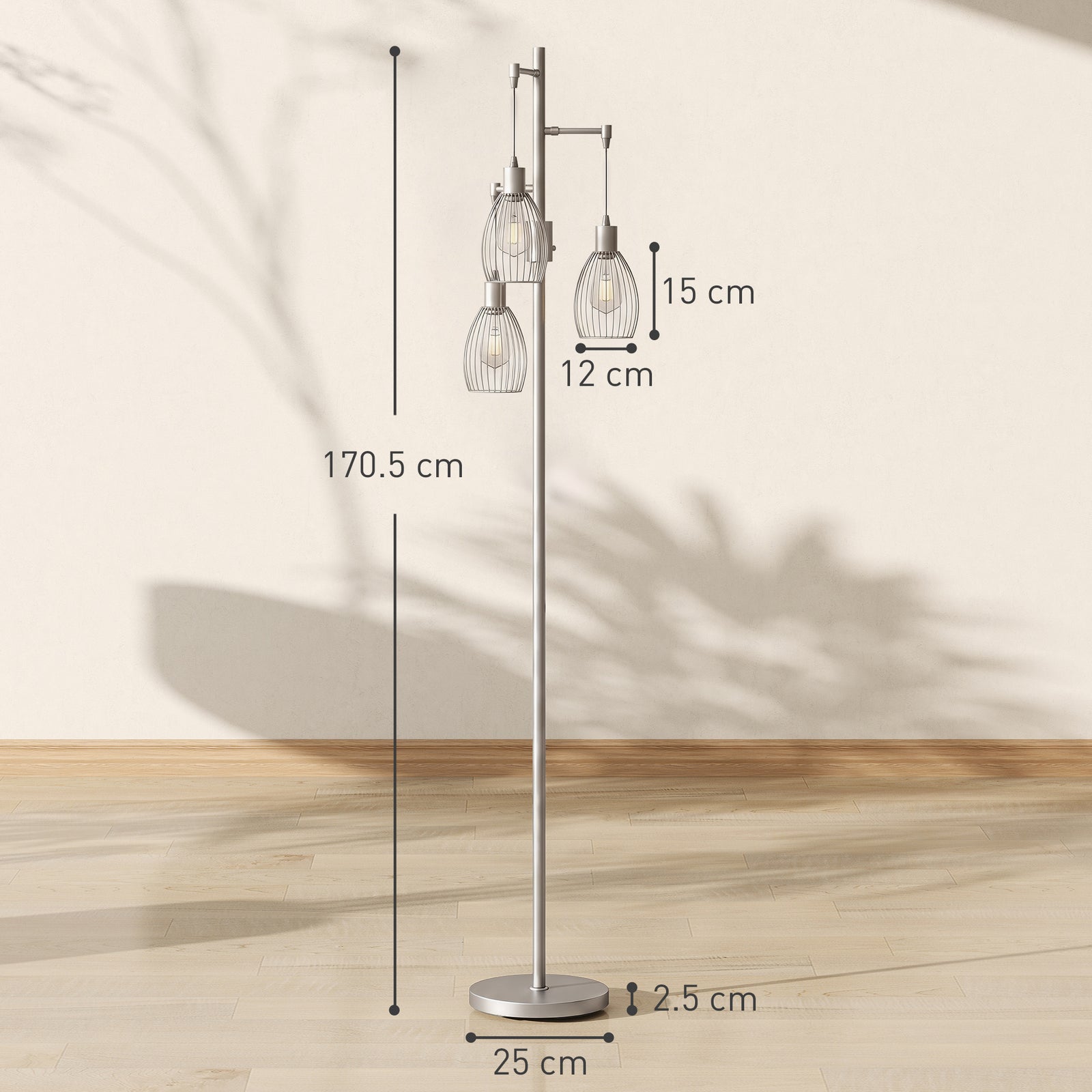170.5cm Industrial Dimmable Standing Lamp, 3-Light Floor Lamp with Ste