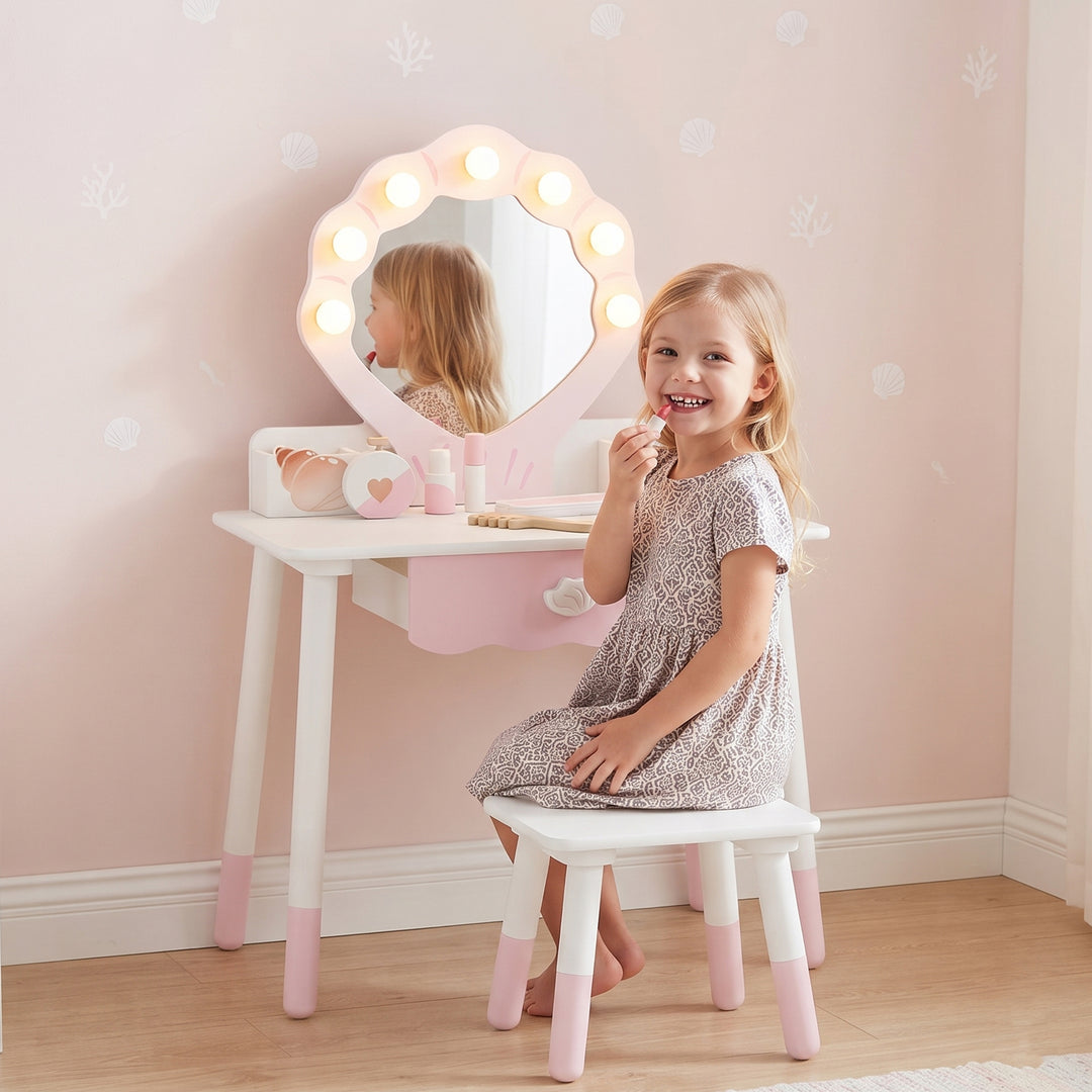 Kids Vanity Set, Kids Dressing Table with Chair, Acrylic Mirror, Light