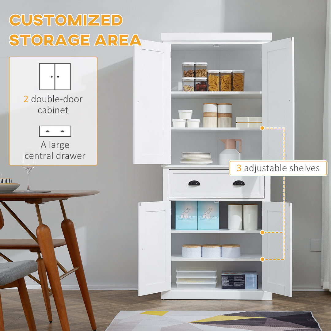 Freestanding Kitchen Cupboard, 184cm Tall Storage Cabinet with Doors and Shelves, Traditional Colonial 4-Door Kitchen Pantry Cupboard with Drawer, White