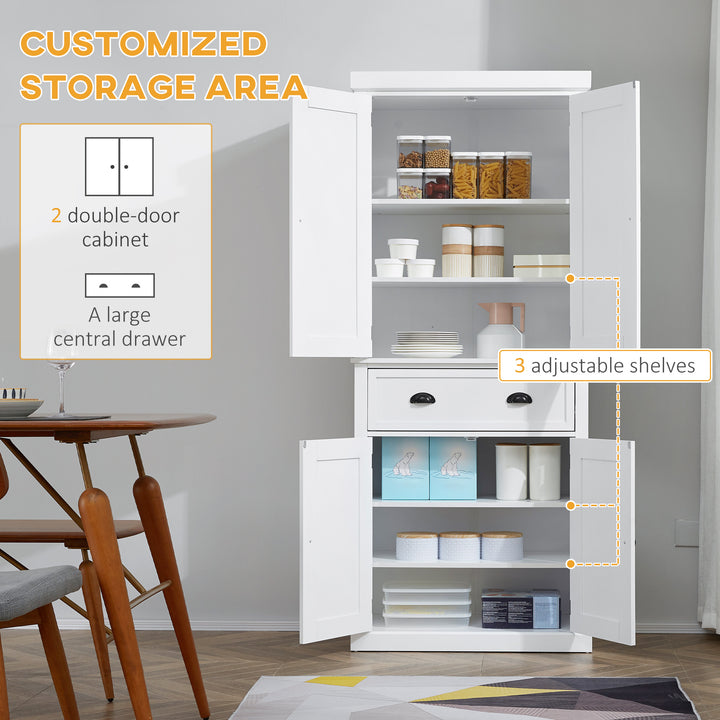 Freestanding Kitchen Cupboard, 184cm Tall Storage Cabinet with Doors and Shelves, Traditional Colonial 4-Door Kitchen Pantry Cupboard with Drawer, White