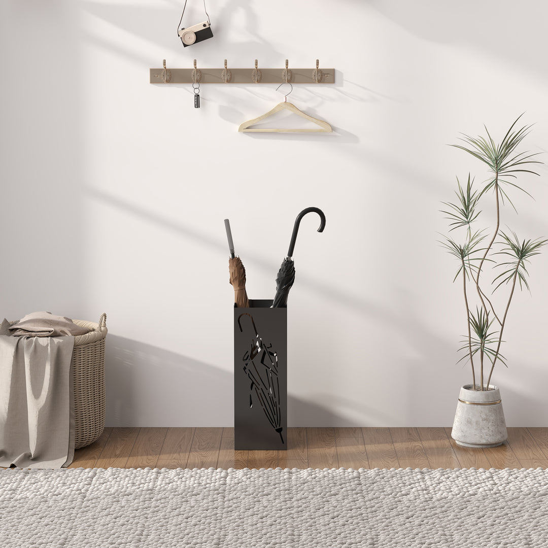 Metal Umbrella Stand, Square Umbrella Holder with 4 Hooks and Removable Drip Tray, Decorative Umbrella Storage Rack for Entryway, Hallway, 15.5 x 15.5 x 41 cm, Black