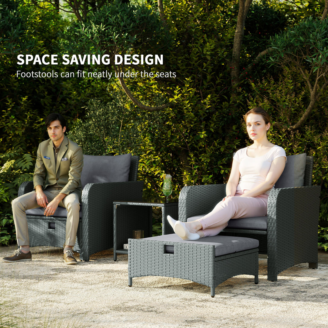 Five Piece Rattan Garden Furniture Set with 2-Tier Coffee Table and Ottomans - Grey