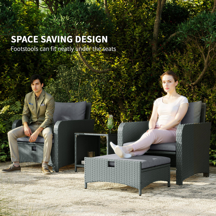 Five Piece Rattan Garden Furniture Set with 2-Tier Coffee Table and Ottomans - Grey