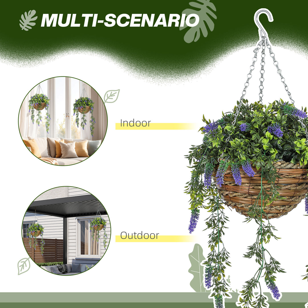 Set of 2 Decorative Artificial Plants, Faux Silk Lavender Flowers in Hanging Baskets, Fake Plants for Home Indoor Outdoor Decor, Purple