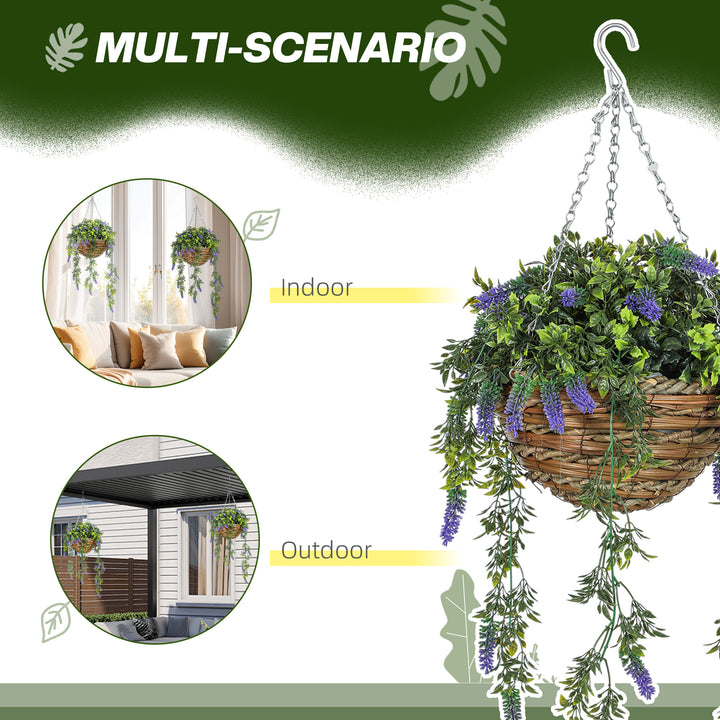 Set of 2 Decorative Artificial Plants, Faux Silk Lavender Flowers in Hanging Baskets, Fake Plants for Home Indoor Outdoor Decor, Purple