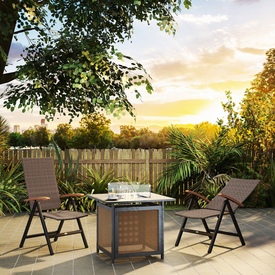 2 Pieces Folding Rattan Garden Dining Chairs with 5-level Reclining High Back, Wood Armrests for Outdoor - Brown